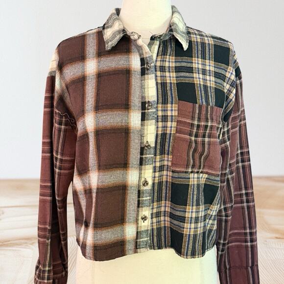 Forever 21 Mixed Plaid Button Up Crop Shirt Sz L Retro Flannel Black and Browns - Picture 1 of 9